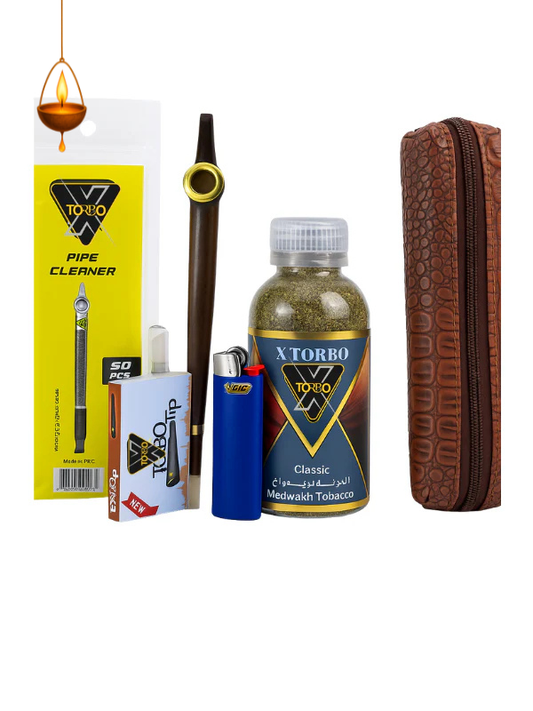 Collection of x torbo classic dokha tobacco products including a bottle, pipe, lighter, and pouch on a white background. vape dokha