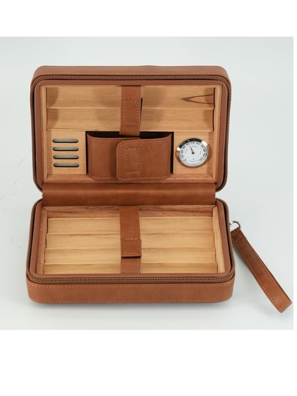 Portable Leather Cigar Humidor Case with Hygrometer – Travel Cigar Storage (Brown)