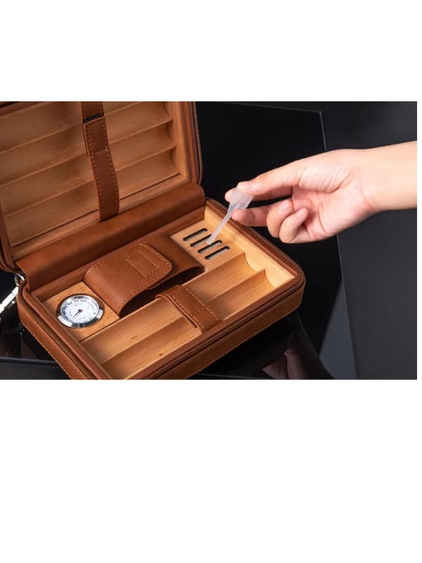Portable Leather Cigar Humidor Case with Hygrometer – Travel Cigar Storage (Brown)