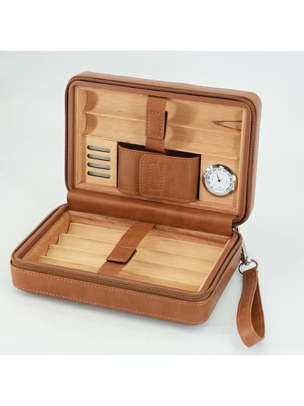 Portable Leather Cigar Humidor Case with Hygrometer – Travel Cigar Storage (Brown)
