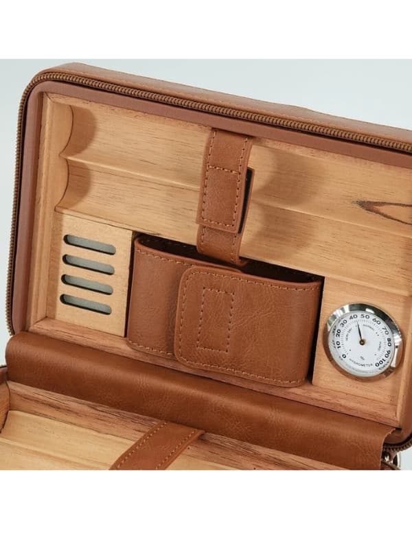 Portable Leather Cigar Humidor Case with Hygrometer – Travel Cigar Storage (Brown)