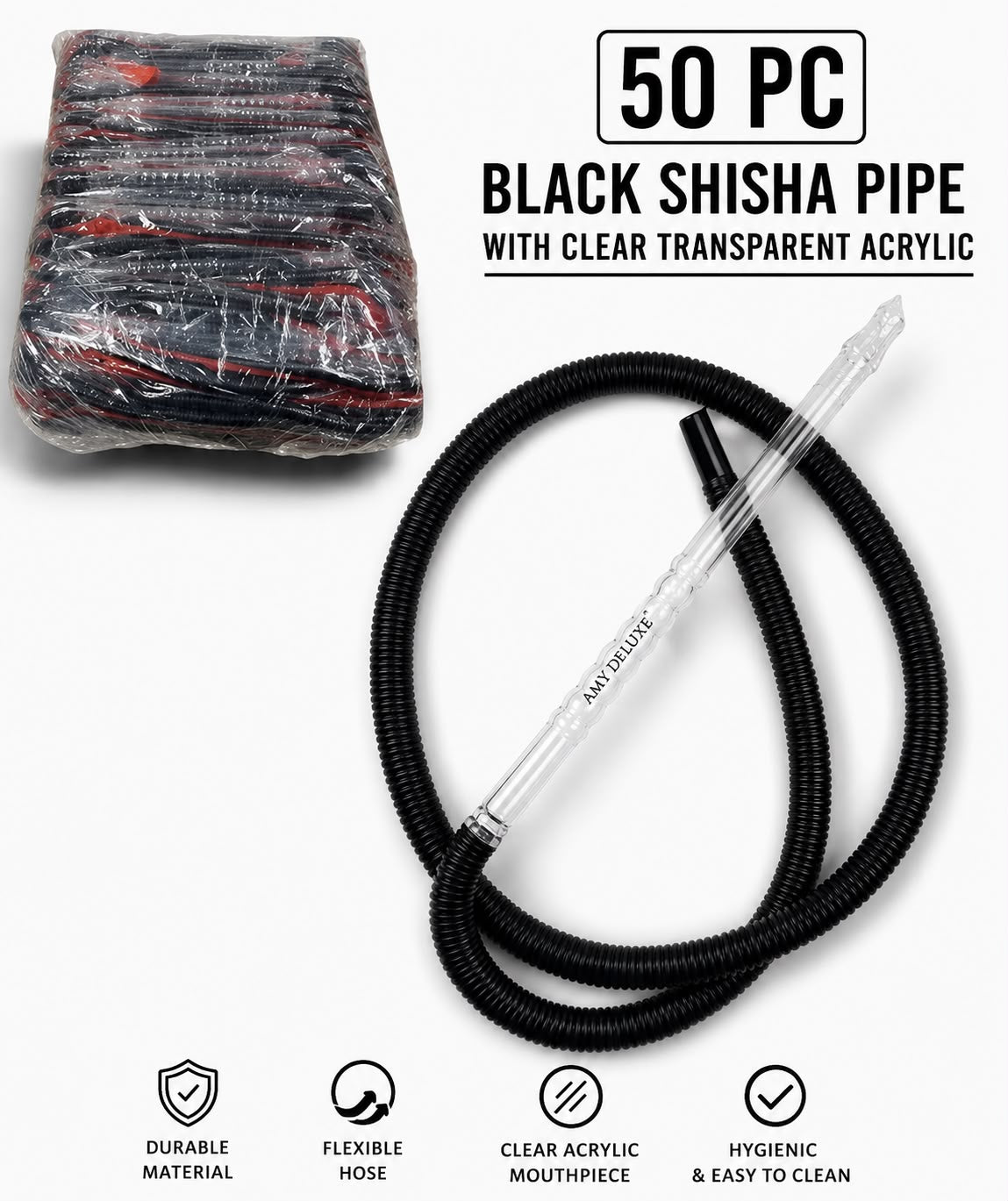 50-piece premium black shisha pipe set with crystal acrylic mouthpieces