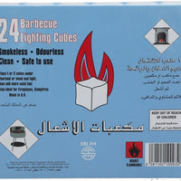 Box of barbecue lighting cubes with flame graphic and text on a blue background