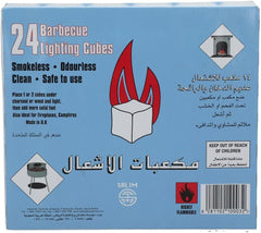 Box of barbecue lighting cubes with flame graphic and text on a blue background