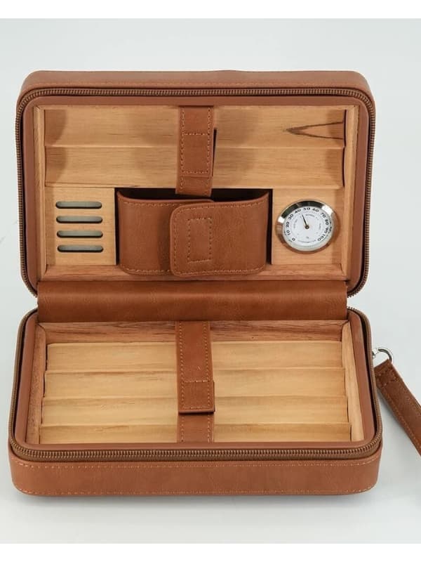 Portable Leather Cigar Humidor Case with Hygrometer – Travel Cigar Storage (Brown)