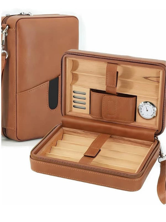 Portable Leather Cigar Humidor Case with Hygrometer – Travel Cigar Storage (Brown)