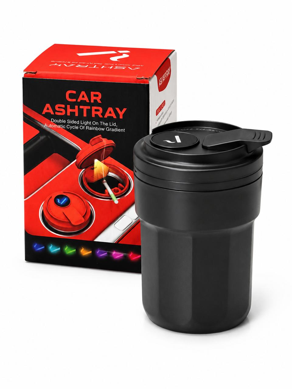 Matte black car ashtray with rainbow LED light