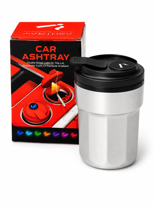 Silver and black car ashtray with rainbow LED light