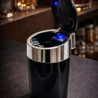 Black chrome LED flip-top cylinder ashtray