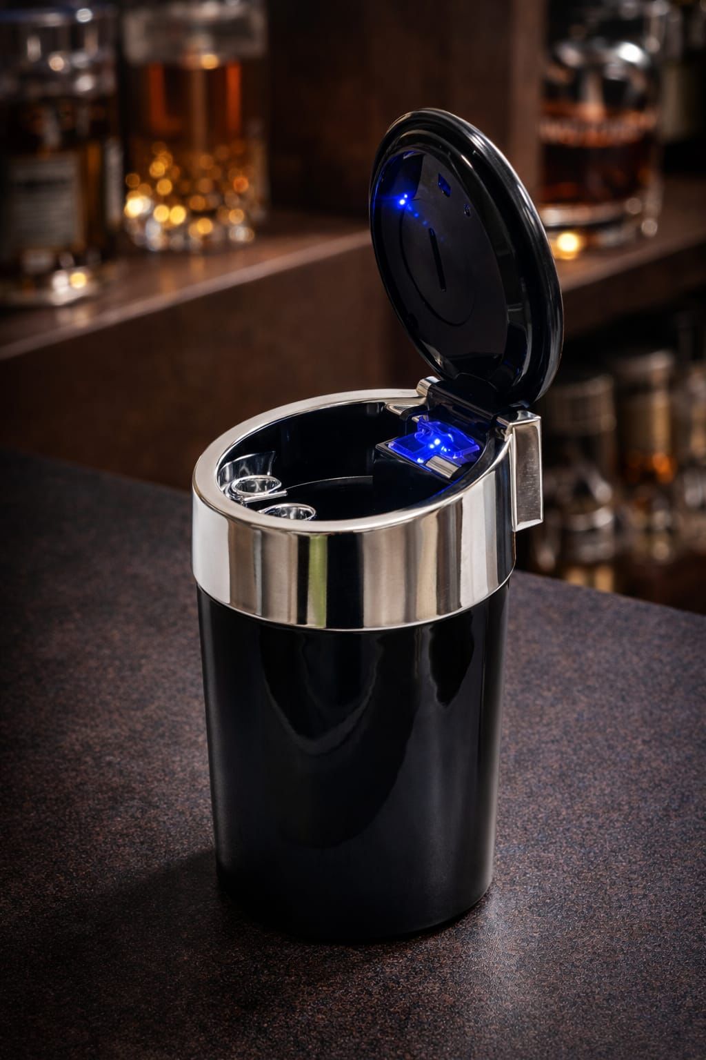 Black chrome LED flip-top cylinder ashtray