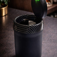Matte black LED flip-top ashtray with carbon fibre inner rim