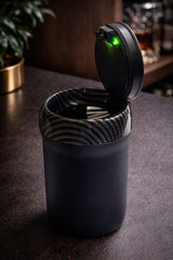 Matte black LED flip-top ashtray with carbon fibre inner rim