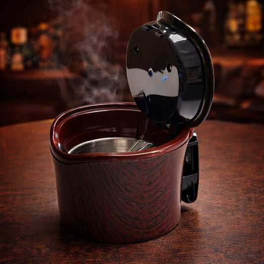 Flip-lid portable ashtray with wood-grain finish and steel inner