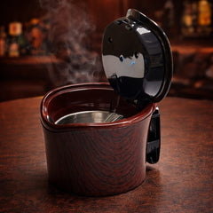 Flip-lid portable ashtray with wood-grain finish and steel inner