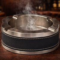 Round leather and stainless steel 4-slot ashtray large