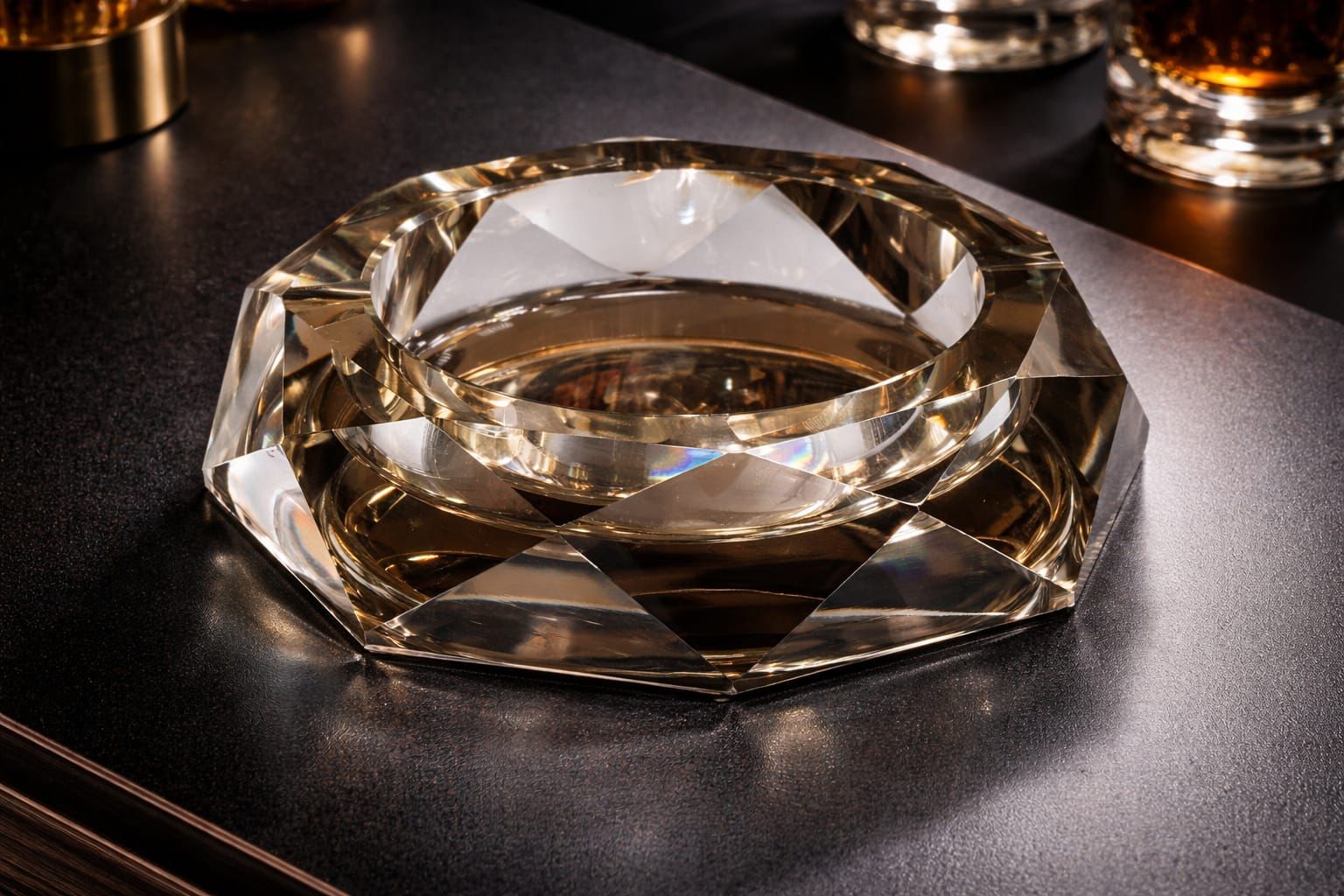 Octagonal diamond-cut crystal ashtray in champagne gold