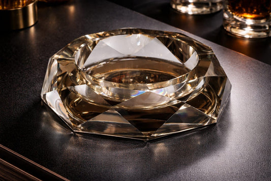 Octagonal diamond-cut crystal ashtray in champagne gold