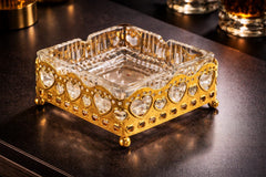 Gold heart-frame crystal ashtray with royal filigree and ball feet