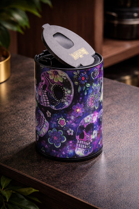 Sugar skull printed cylinder ashtray with flip-top lid