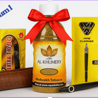 Al Khumery tobacco product with accessories on a white background. Vape Dokha UAE