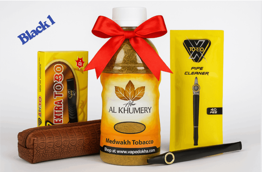 Al Khumery tobacco product with packaging and accessories on a white background. Vape dokha UAE
