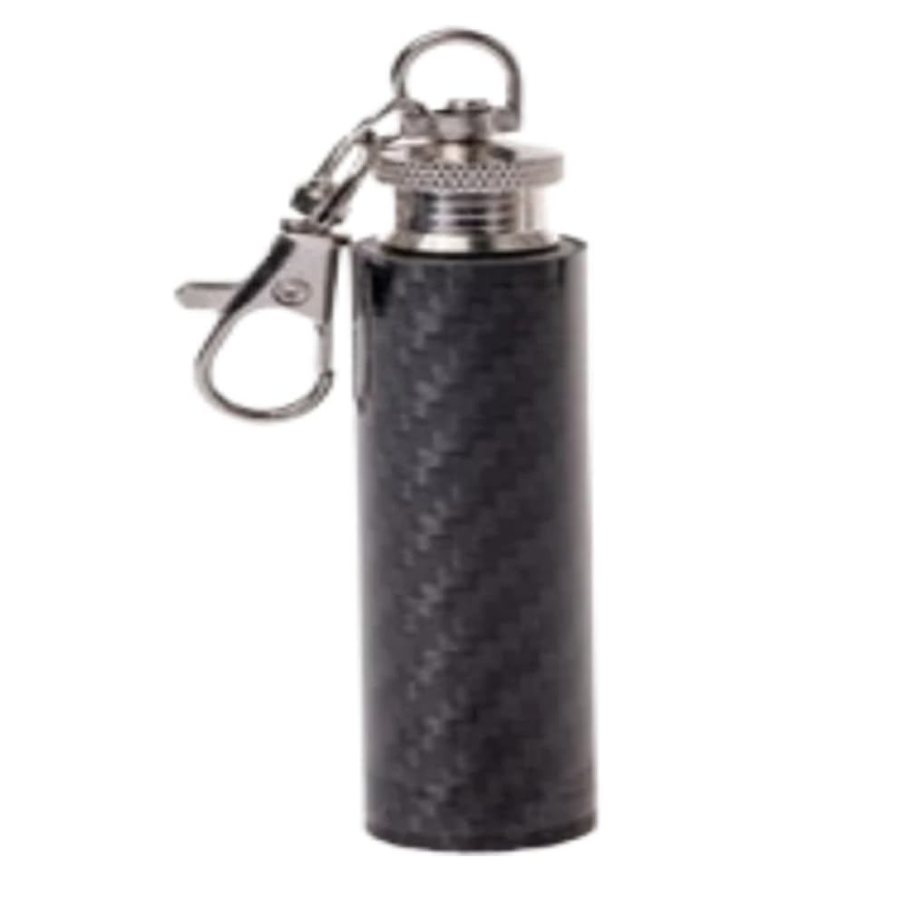 Black carbon fiber keychain with metallic clip on a white background. dokha bottle . vape dokha uae 