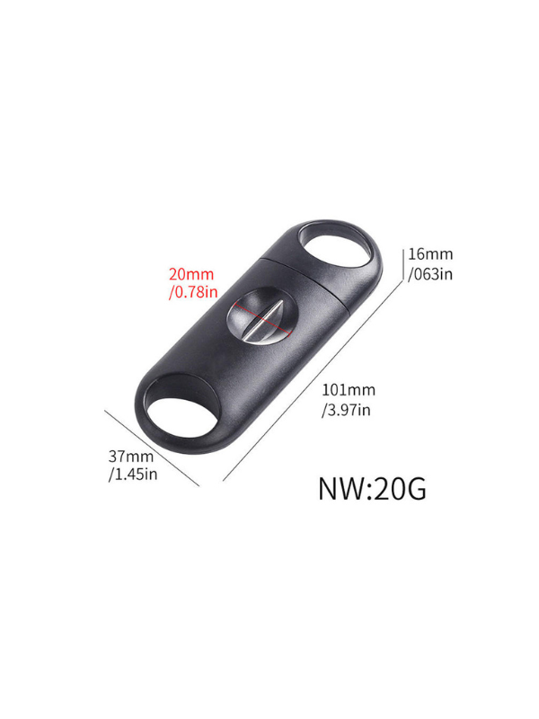 Black cigar cutter with dimensions and weight information on a white background.Vape Dokha UAE