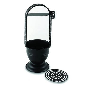 Black metal charcoal holder with glass cover and decorative base on a white background . Vape Dokha UAE