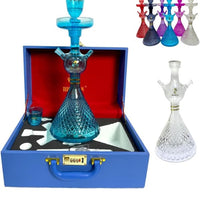 Blue glass Rich man hookah in a blue box with additional colorful hookahs displayed. Vape Dokha UAE