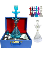 Blue glass Rich man hookah in a blue box with additional colorful hookahs displayed. Vape Dokha UAE