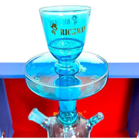 Blue glass Richman hookah with 'RICHMAN' branding on a red and blue background .Vape Dokha UAE
