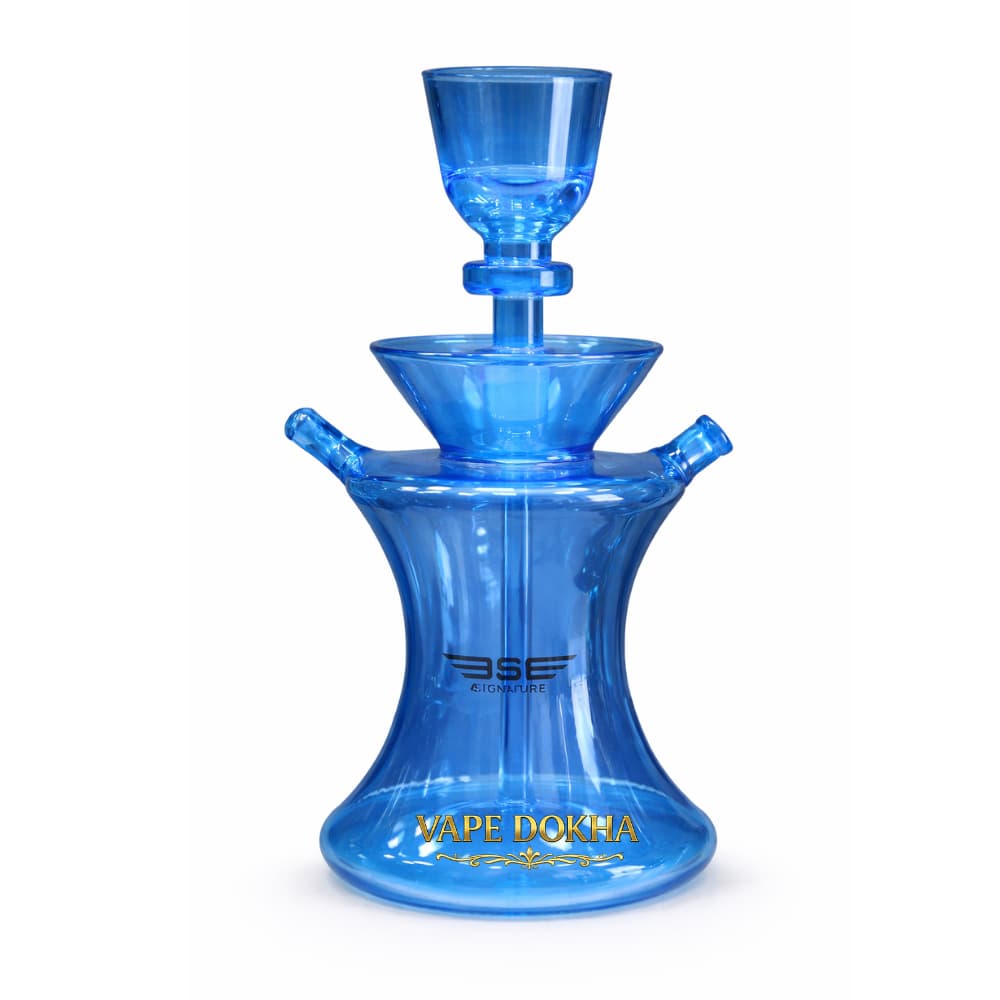 Blue hookah with 'Vape Dokha' branding on a white background