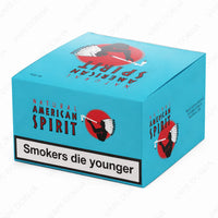 Blue packaging of American Spirit tobacco box  with branding and message on a white background.vape dokha uae