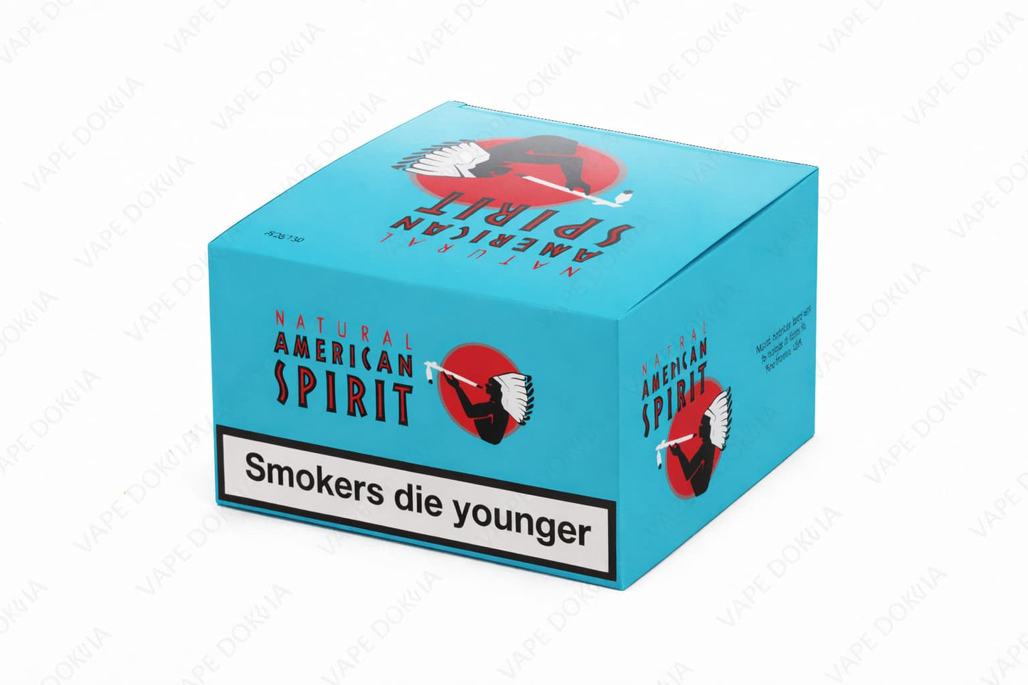 Blue packaging of American Spirit tobacco box  with branding and message on a white background.vape dokha uae