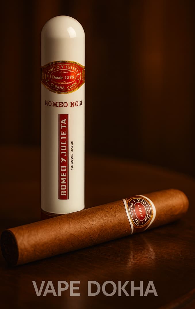Cigar and Romeo y Julieta vape dokha bottle on a dark surface .Vape Dokha UAE