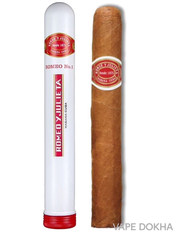 Cigar and its packaging with Romeo y Julieta branding on a white background.Vape Dokha UAE
