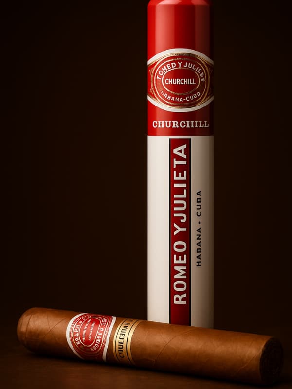 Cigar and packaging of Romeo y Julieta Churchill on a dark background . Vape Dokha UAE