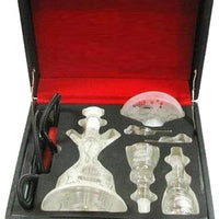 Clear glass Alfakher hookah set with accessories in a black case with red interior . Vape Dokha UAE