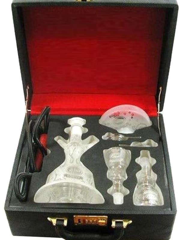 Clear glass Alfakher hookah set with accessories in a black case with red interior . Vape Dokha UAE