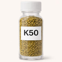 Clear glass jar with white lid and label displaying 'K50' dokha on a white background