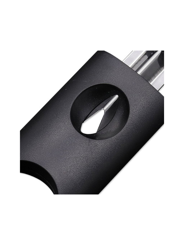 Close-up of a black cigar cutter with a metallic blade on a white background. Vape dokha UAE