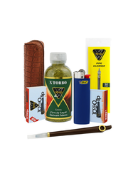 Collection of X Torbo products including a pipe, tobacco, lighter, and cleaning kit on a white background. Xtorbo Dokah kit . Vape Dokha UAE
