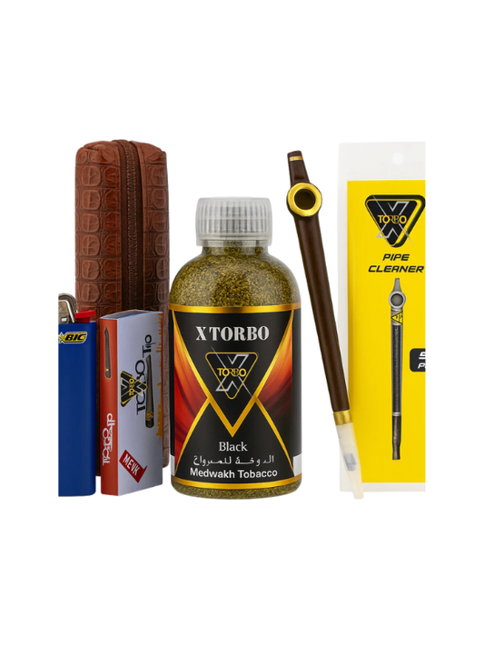 Collection of smoking accessories including a bottle of Xtorbo tobacco, pipe cleaner, and other items on a white background. X torbo Dokah Kit.Vape Dokha UAE
