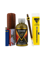 Collection of smoking accessories including a bottle of Xtorbo tobacco, pipe cleaner, and other items on a white background. X torbo Dokah Kit.Vape Dokha UAE