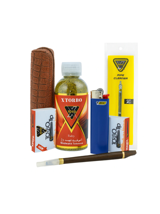 Collection of tobacco products including a bottle, pipe, and accessories on a white background. X torbo Dokah KIt . Vape DokhA UAE