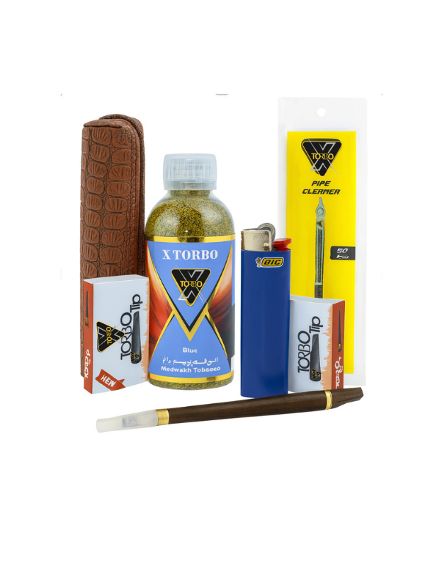 Collection of tobacco products including a pipe, tobacco, and accessories on a white background. X torbo doakh kit . Vape Dokha UAE