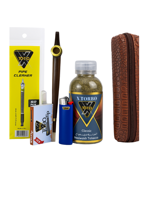 Collection of x Torobo smoking accessories including tobacco, lighter, and pipe cleaner on a white background x torbo calssic dokha | vape dokha 