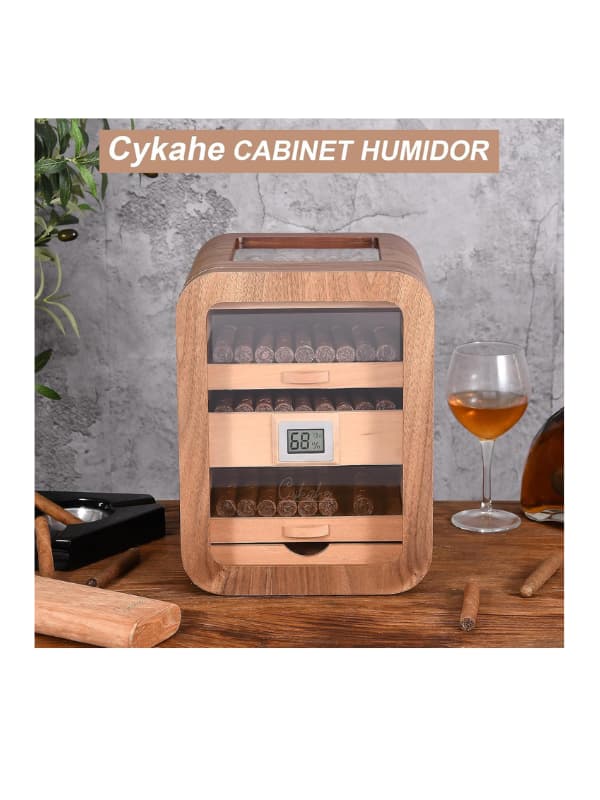 Cylkahe Cabinet Humidor with a glass of wine and cigars on a wooden table. Vape Dokha UAE