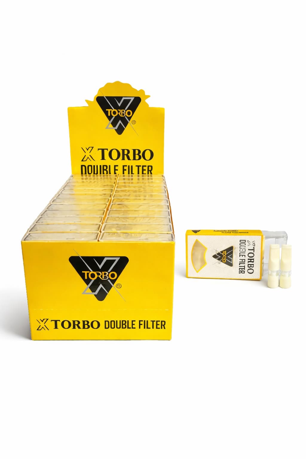 Display of XTorbo double filters with yellow packaging on a white Background. Vape Dokha UAE 