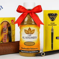 Dokah Tobacco product set with Al Khumery bottle, pipe, and packaging on a white background. Vape Dokha UAE